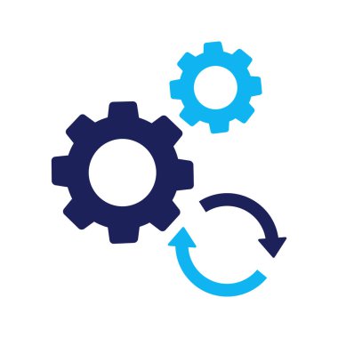 Eğri akış okları hareket halinde olan bir dişlinin düz vektör illüstrasyonu, sembolik süreç temsiliyle temiz bilgi tarzı. Bütünleşme Simgesi, İki Renk Simgesini Değiştir, Geçiş Simgesi.