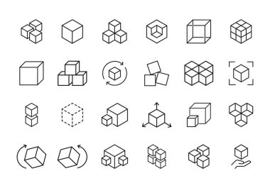 Küplerin soyut vektör çizimi. Kuantum Hesaplama Kavramları için Geleceğin Kubit Küpleri Vektörü. Şeker küpleri ikon kümesi vektörü. Satır biçiminde kutu simgesi ayarlandı. Vektör illüstrasyonu
