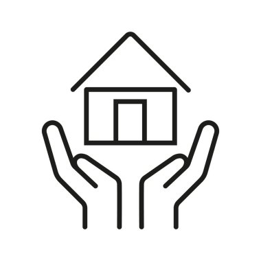 Açık Ellerin Üzerinde Minimalist İlerleme Çubuğu Simgesi, Web Tasarımı için İnce Çizgi Vektör İllüstrasyonu. Koruyucu eller, minimalist siyah beyaz çizgi sanatında ev ikonunu tutuyor. Emlak yönetimi politikaları.