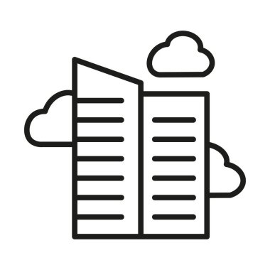 Üzerinde kontrol listesi, kalem ve bulut olan pano, organizasyonu, dijital araçları ve verimliliği simgeliyor. Gelir işiyle ilgili bir çizgi ikonu. Ticari ofis binası simgesi minimalist çizgide.