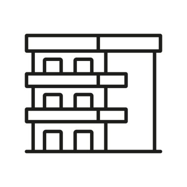 Siyah ve beyaz, çok katlı bir oyun alanı yapısını tasvir eder. Ofis binası siyah-beyaz renkli vektör çizimine göre izole edilmiş. Şehir mimari yapı ikonu. Şehir mimarisi ana hatları.