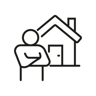 Basit Ev Simgesi Taslağı. Baca, pencere ve kapısı olan, emlak kavramları için mükemmel, basit, temiz bir ev çizgisi. Üçgen çatılı bir evin basit bir siyah çizgi çizimi..