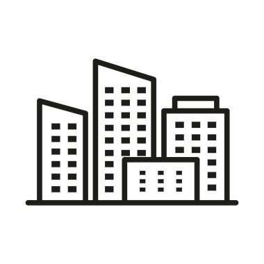 Siyah ve beyaz, çok katlı bir oyun alanı yapısını tasvir eder. Ofis binası siyah-beyaz renkli vektör çizimine göre izole edilmiş. Şehir mimari yapı ikonu. Şehir mimarisi ana hatları.