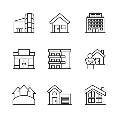 Bina simgeleri ayarlandı. Vektör çizimi ince çizgili modern yapı, şehir mimarisi, şehir merkezi gökdeleni. Mimari yapı ikonlarının minimalist tarzda çeşitli bir koleksiyonu.