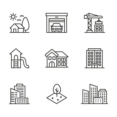 Bina simgeleri ayarlandı. Vektör çizimi ince çizgili modern yapı, şehir mimarisi, şehir merkezi gökdeleni. Mimari yapı ikonlarının minimalist tarzda çeşitli bir koleksiyonu.