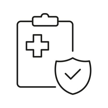 Hastane teşhis belgesi ikonu. Basit taslak biçimi. Kalkanlı pano, sağlık teşhisi, sigorta, tıbbi konsept. İnce çizgi sembolü. Tıbbi sigorta ikonu vektör illüstrasyonu.