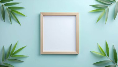 Tahta Resim Çerçevesi ve Yeşil Yapraklar Dokulu Duvarda ve Boşluğu Kopyala.