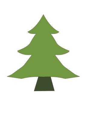 Yeşil bir çam ağacının basit, stilize edilmiş bir grafiği ya da koyu tabanlı bir Noel ağacı, beyaz arka planda.