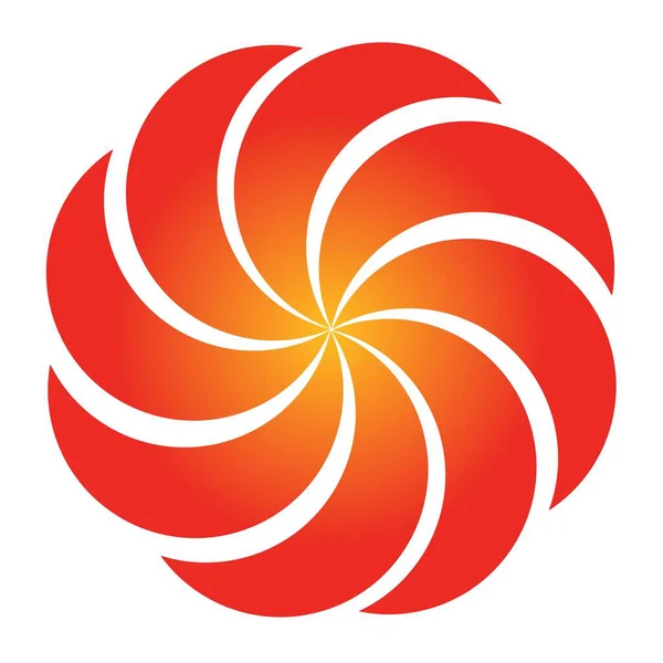 Parlak merkezi bir noktadan yayılan kırmızı-turuncu bir gradyanda sekiz kıvrımlı, taç yaprağı benzeri elementten oluşan kıvrımlı dairesel bir tasarım.