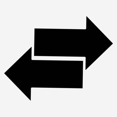 İki siyah yatay ok zıt yönleri işaret ediyor, biri sağ üstte, diğeri sol altta, değiş tokuşu, transferi ya da ikiliği simgeliyor.