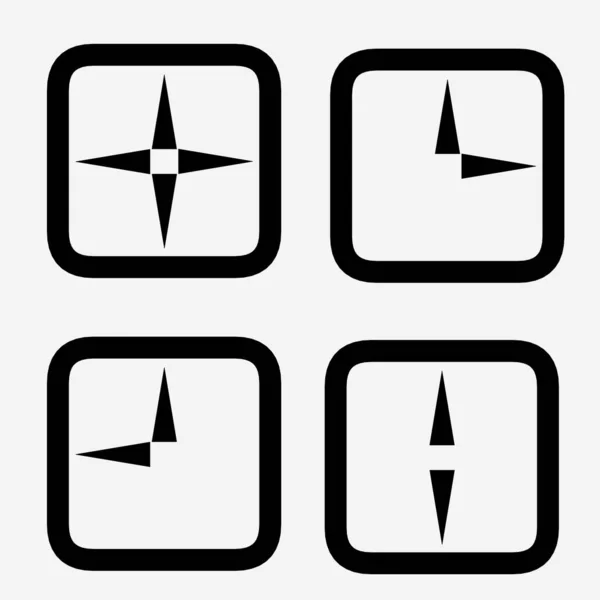 Yuvarlak kareler halinde dört siyah ve beyaz simge seti, bir pusula gül veya saat eller çeşitli yönleri tasvir, navigasyon, zaman veya yön önerir