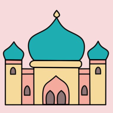 Biçimlendirilmiş bir caminin basit düz vektör çizimi ya da büyük bir deniz mavisi kubbesi, daha küçük yan kuleler ve soluk sarı ve pembe arkaplan üzerine kurulmuş allık bir arkaplan.