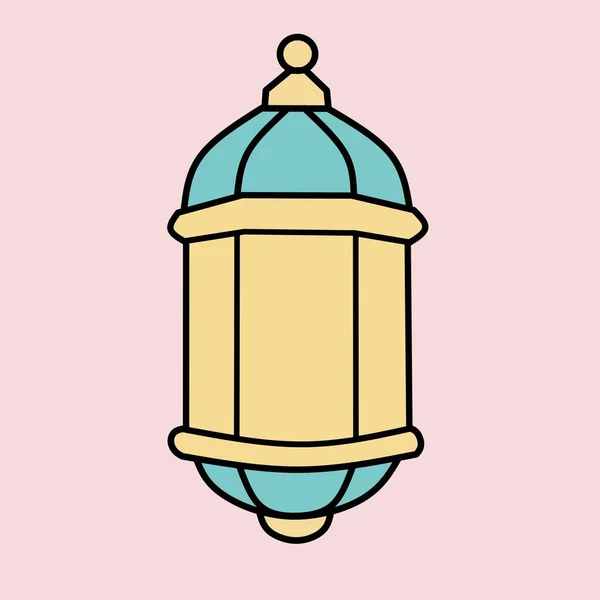 Sarı ve turkuaz detaylara sahip stilize ramazan feneri veya lamba illüstrasyonu, kalın siyah çizgili, ve düz dizayn tarzında yumuşak pembe arka plan