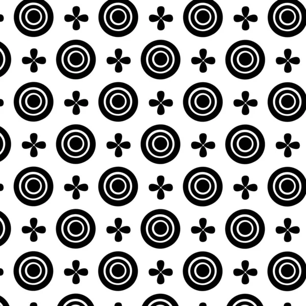 Siyah daireli kusursuz geometrik desen ve beyaz arkaplanda çiçek elementleri.