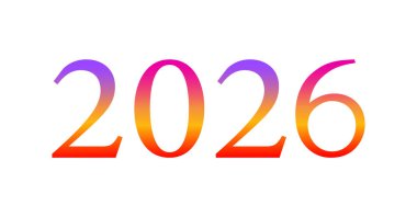 Beyaz zemin üzerinde canlı çok renkli bir gradyan (mor, turuncu, kırmızı) ile 2026 numaralı stil