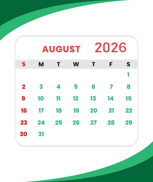 Ağustos 2026 Aylık Takvim Şablonu. Şirket Yeşil Dalga Tasarımı İş Zamanlaması ve Planlama