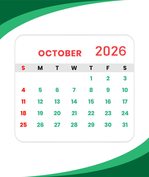 October 2026 Calendar Template  Modern Monthly Planner with Green Design