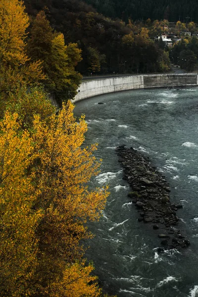 Beton bir duvarın arkasında kıvrılan bir dağ nehrinin manzarası, canlı sarı yaprakları olan sonbahar ağaçlarıyla çevrili. Sudaki kayalar, huzur dolu doğal ortama doku ve hareket katıyor..