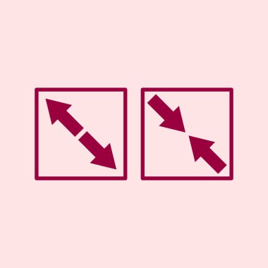 Küçültülmüş simgeleri temsil eden kutulardaki iki kırmızı oku gösteren minimal düz tasarım çizimi, UI, UX veya ilgili yerleşimler için mükemmel.