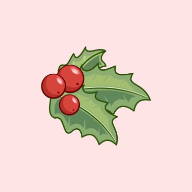 Soluk pembe arka planda üç kırmızı böğürtlenli yeşil çobanpüskülü yapraklarının klasik bir örneği. Geleneksel bir bayram sembolü Noel dekorasyonu ve mevsimlik tebrik kartları için mükemmel.