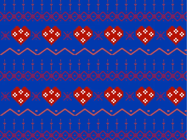 Kırmızı kalpler ve halk motifleri içeren canlı mavi çapraz dikiş deseni. Çirkin kazaklar, sevgililer günü tekstili, şenlikli hediye paketi ve geleneksel nakış tarzı dijital arka planlar için idealdir.