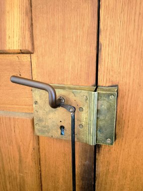 Doğal meşe ağacından bir kapıya monte edilmiş dekoratif bronz ya da pirinç kaplamalı antik bir asma kilit. Görüntü, antika donanım ve ahşap tahılın detaylarını vurguluyor..