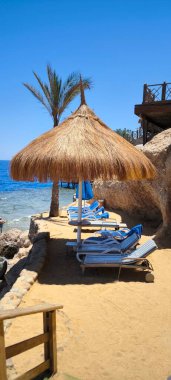 Kumlu bir sahilde rahat bir dinlenme alanı. Kuru bir çim şemsiyesi beyaz şezlonglar üzerinde gölge sağlar açık mavi, sakin bir denizin arka planına karşı.