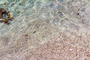 Taş, çakıl, kum, berrak deniz suyu.