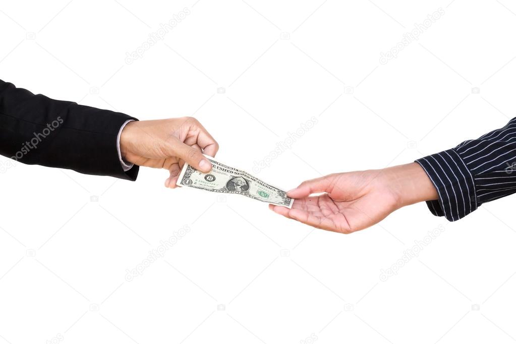 Hand handing over money to another hand isolated on white backgr