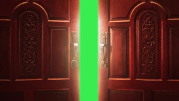 Render Открывает Деревянную Дверь Зеленом Экране Анимации — стоковое видео