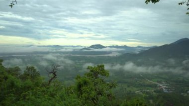 Şafak vakti, Phu Thok 'un aşağısındaki vadideki dağ ve kasabalar geniş açılı, Chiang Khan thailand..