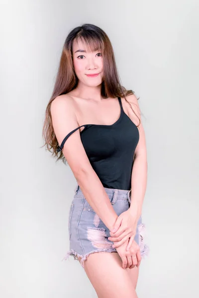 Sexy Asian Woman Black Dress White Background — Stock Photo, Image