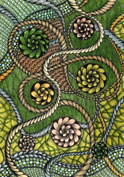 Zentangle ya da fantezi süsü tarzında soyut bir illüstrasyon. Tasarım birbirine dolanmış halatlar ve girdaplar tasvir ederek sarmal ve dokuların karmaşık bir bileşimini oluşturuyor.. 
