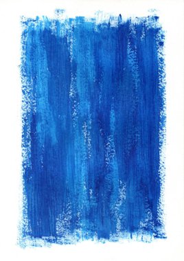 Kalın, dikey fırça darbelerinin minimalist bir görüntüsü. Merkezi obje tamamen zengin mavi ve ultramarinin çeşitli tonlarıyla dolu bir dikdörtgen.. 