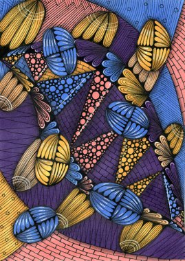 Zentangle ya da Doodle olarak sınıflandırılabilecek karmaşık ve detaylı bir soyut model. Kompozisyon yoğun bir şekilde iç içe geçmiş elementlerle doludur.. 