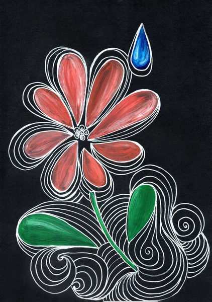 Resimde stilize edilmiş bir çiçek ve karmaşık bir çizgi deseni ile çevrili yapraklar tasvir ediliyor. Tasarım, sağlam bir siyah arkaplana karşı kurulur ve güçlü bir kontrast oluşturur..