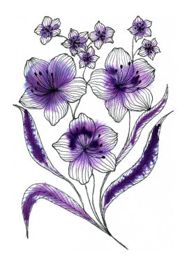 İnce grafikler ve sulu boya ile işlenmiş bir buket çiçek. Altta üç büyük çiçek bulunur ve üstlerinde daha küçük bir demet çiçek bulunur.. 