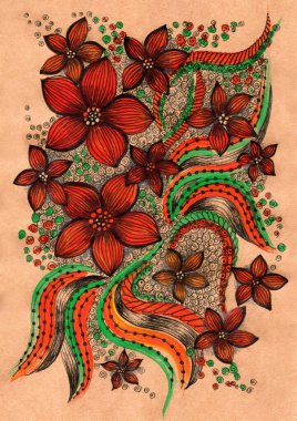 Çok yoğun ve detaylı bir desen. Çiçek motifleri var. El işi kâğıdı arka planda yürütülüyor. Kompozisyon çeşitli biçimlendirilmiş çiçeklerden ve iç içe geçmiş dekoratif elementlerden oluşur..