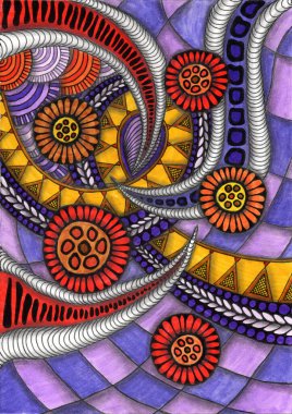 Çeşitli organik ve geometrik formların yoğun bir şekilde birbirine dokumasından oluşan detaylı ve karmaşık bir soyut desen. Çizim son derece dinamik, çok katmanlı ve ince detaylar açısından zengin..