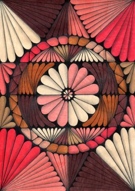 Karmaşık bir mandalayı andıran son derece detaylı, simetrik bir soyut desen. Dizayn, radyal şekillere güçlü bir vurgu ile sıcak, sonbahar kırmızısı bir palette uygulanır.. 