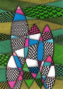 Çizim, canlı renkler ve karmaşık desenler kullanılarak soyut geometrik bir tarzda yürütülür. Merkezi şekiller içindeki ve dışındaki bölümler dama tahtası kalıplarıyla doludur..