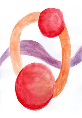 Suluboya ile işlenmiş minimalist soyut bir kompozisyon. Farklı boyutlarda iki zengin kırmızı küre doğal suluboya geçişleri sayesinde üç boyutlu görünüyor..