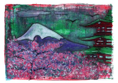 Resimli, Japon tarzı bir manzara, desenli, soyut bir arkaplan üzerine boyanmış. Eserde geleneksel Doğu motifleri ve modern ifade tekniği harmonik olarak birleştiriliyor..