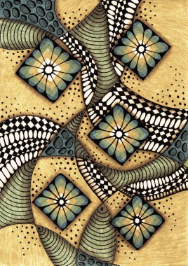 Yinelenen kalıplar tarzında karmaşık ve ritmik bir grafik, sıcak bir toprak zeminine karşı yürütülüyor. Bileşim katı geometri ve sıvının birleşimi üzerine inşa edilmiş, neredeyse organik desenler: beş elmas şekilli pencere..