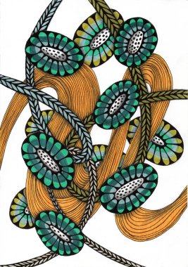 Kendi kendine yeten ve görsel olarak zengin bir çalışma, modern grafikler tarzında, biyomorfik formlar ve sıkı çizgilerin ritmini birleştirerek..