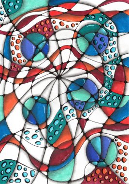 Nörografiklerin dinamik bir somutlaşması, soyut formların vitray yapısını aldıkları yer. Çarşafın ortasında bir nokta var. Çizgiler dışarıya doğru yayılıyor, ışınları anımsatıyor, odak ve derinlik etkisi yaratıyor..