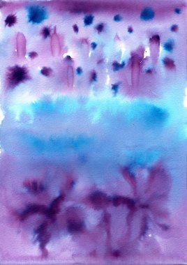 İllüstrasyon atmosferik bir suluboya soyutlaması. Islak-ıslak tekniğini kullanarak gerçekleştiriliyor. Yumuşak renk geçişleri ve karakteristik pigment noktaları akıcılık ve derinlik hissi yaratır..