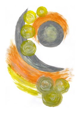 Beyaz arka planda elle boyanmış soyut bir kompozisyon. Taban geniş, kavisli fırça darbelerinden oluşur gri, turuncu ve parlak sarı, stilize bir dalga gibi dinamik bir eğri oluşturur.