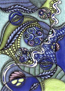 Kompleks, çok katmanlı ve belirgin hareketli bir kompozisyon. Beyaz, kıvrımlı bir çizgi, bir dereyi andırıyor, tüm tuvali geçiyor. Daireler içinde sayısız spiraller, noktalı bir doku, kareli desenler ve elementler..