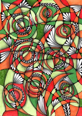 Nörografik ve boyalı cam tekniklerini birleştiren soyut grafikler. Enerji ve doğal motiflerle doludur. Tasarım, bir mozaiği andıran hücreler oluşturan düz siyah çizgilerden oluşan dinamik bir ızgaradır..